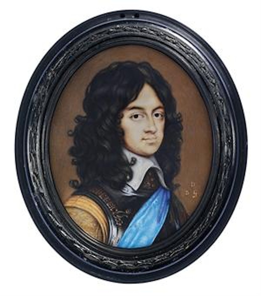 Charles II (1630-1685), as Prince of Wales, in steel cuirass and gorget, buff doublet with patterned sleeves, white lawn collar, wearing the blue sash of the Order of the Garter, natural curling brown hair by David Des Granges