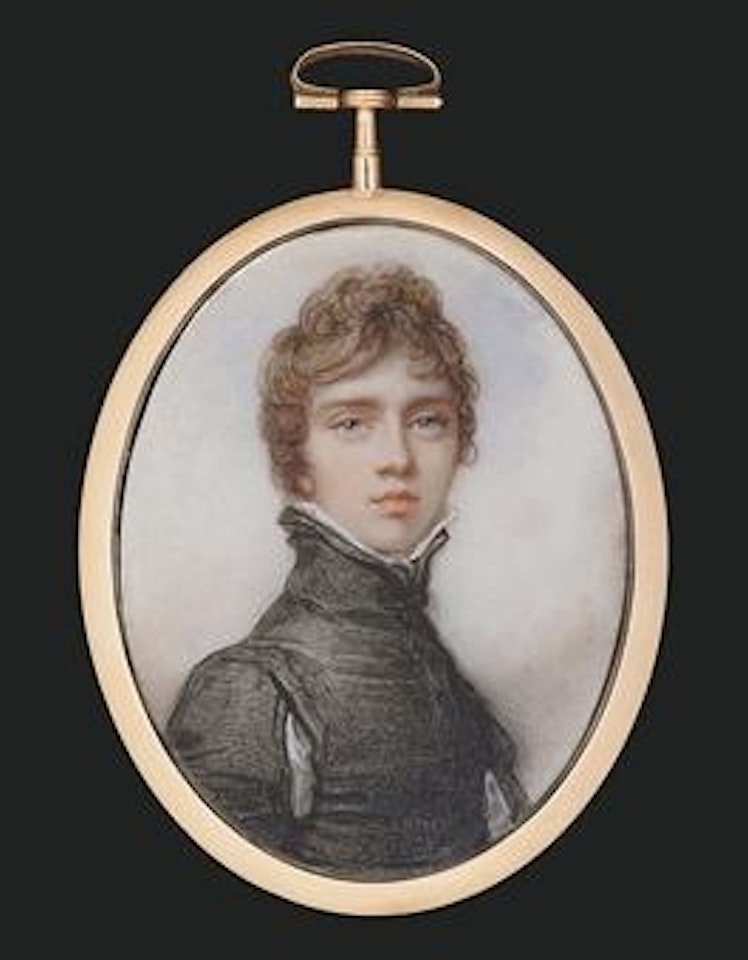 A boy, in Van Dyck dress, black slashed doublet, standing white lawn collar, curling brown hair by Richard Cosway
