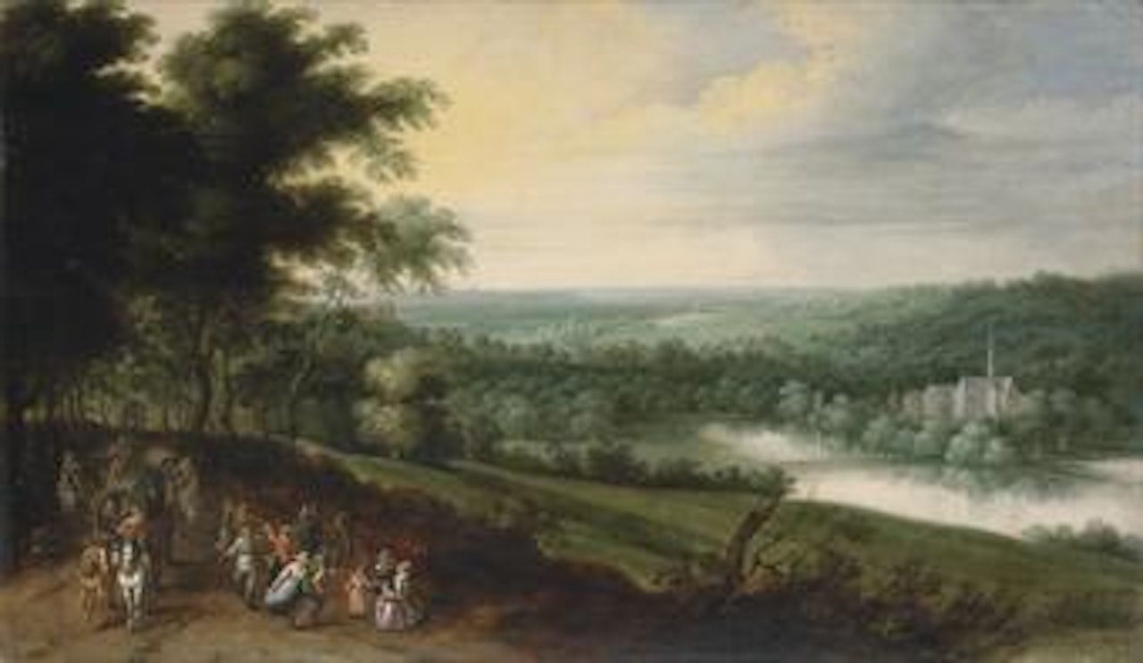 A landscape with figures and waggons on a path by Jan Brueghel the Younger