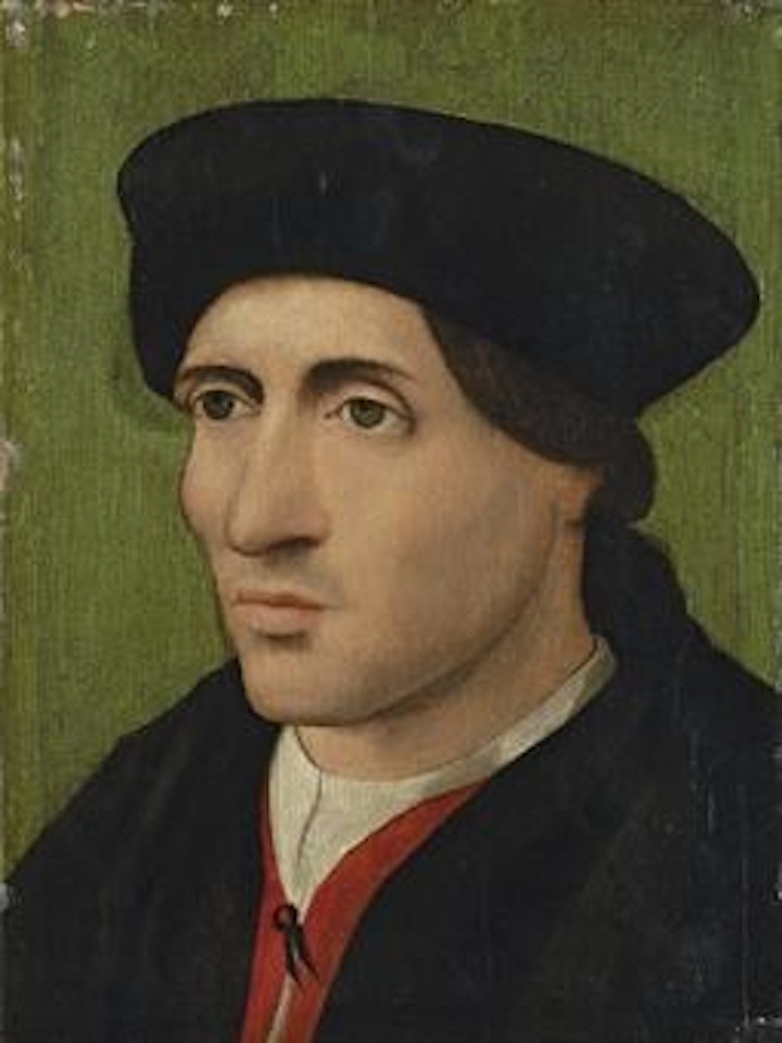 Portrait of a gentleman, bust-length, in a red doublet with a black hat and mantle by Adriaen Isenbrandt