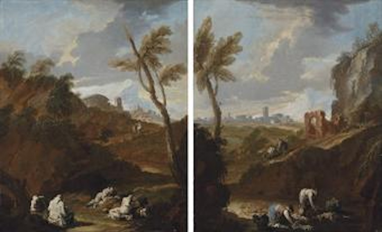 Monks studying in a landscape; and Washerwomen by a stream by Alessandro Magnasco