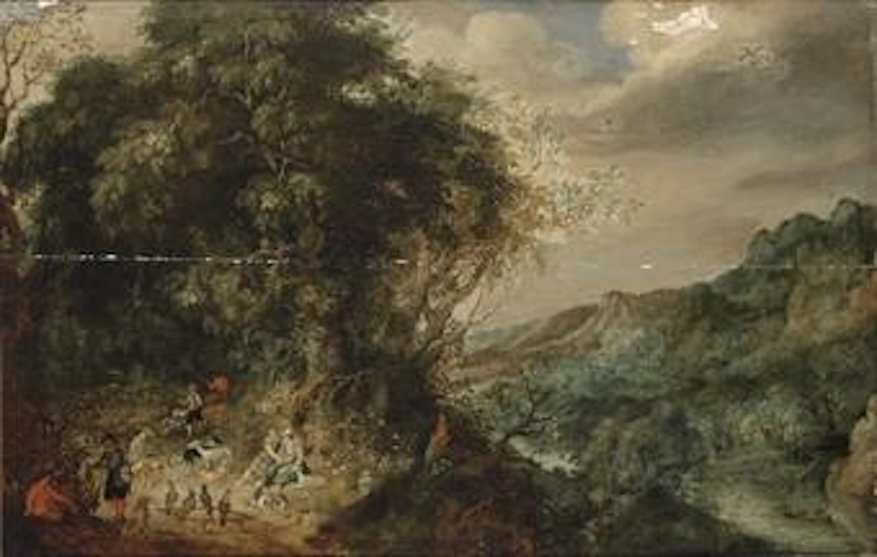 An extensive forest landscape with a hunting party at rest, a town in a mountain valley beyond by Abraham Govaerts