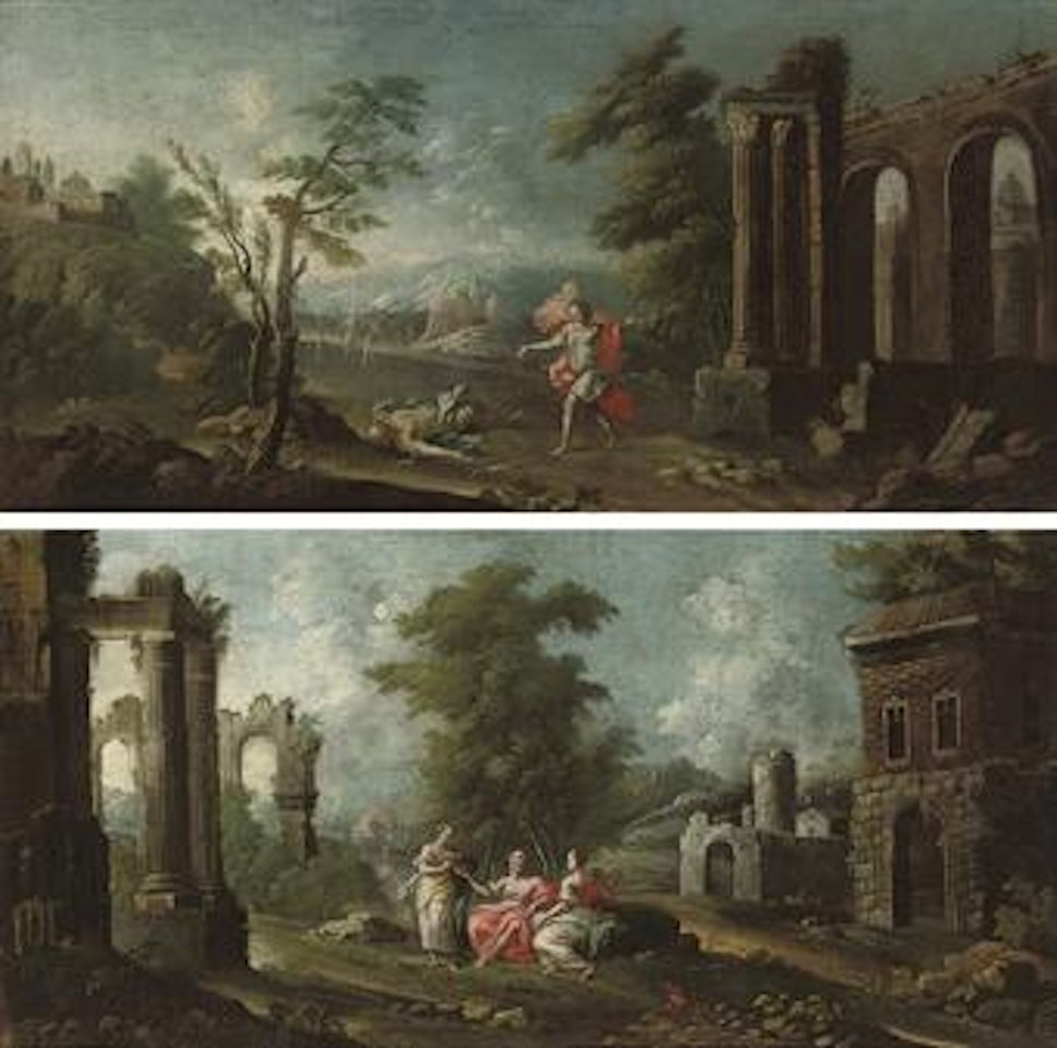 A capriccio landscape with Lot and His Daughters; and A capriccio landscape with David and Goliath by Roman School