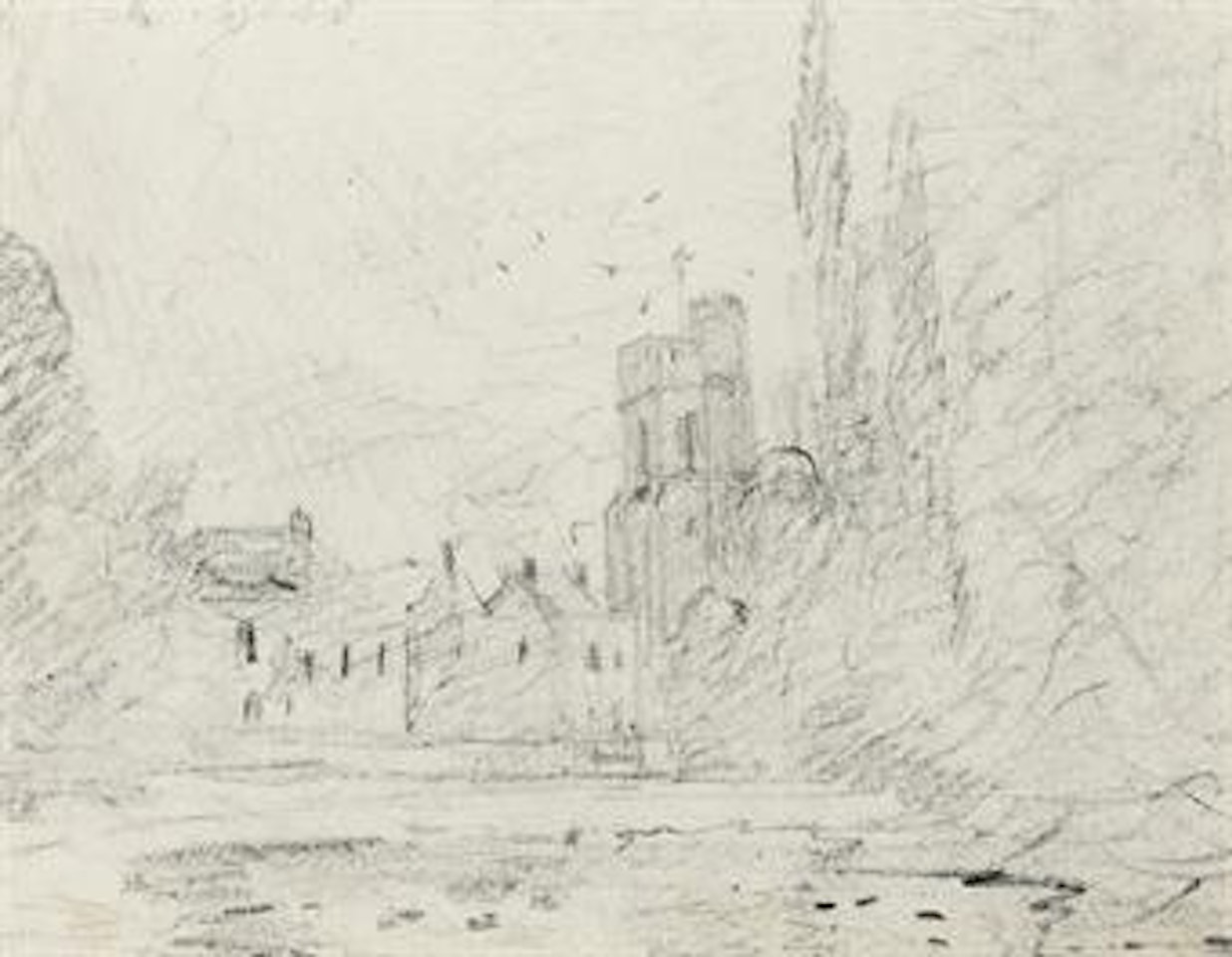 A landscape with buildings and a tower seen over water by John Constable