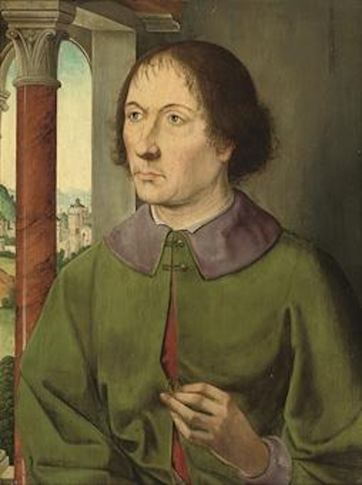 Portrait of a gentleman, half-length, in a green coat and holding a ring, a landscape beyond by Flemish School