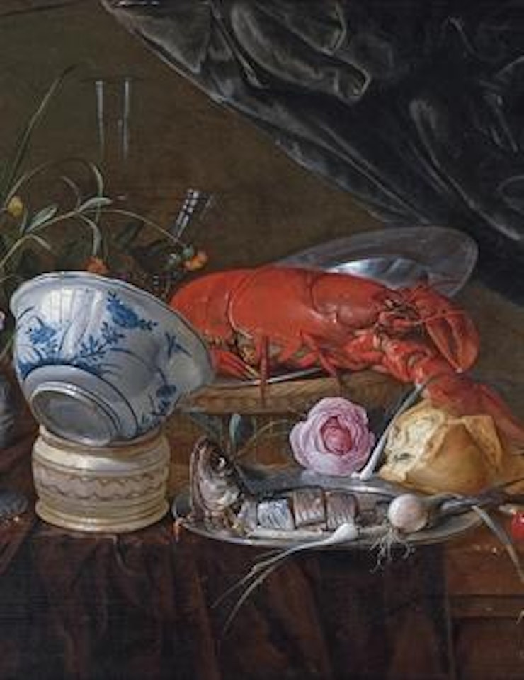 A Dutch Delft blue and white porcelain bowl, a sliced herring with spring onions on a pewter plate with bread, cherries, a knife and a rose, a lobster on a pewter plate in a basket, a lily, a rose, buttercups and other flowers in pewter vase with ... by Jan Davidsz de Heem