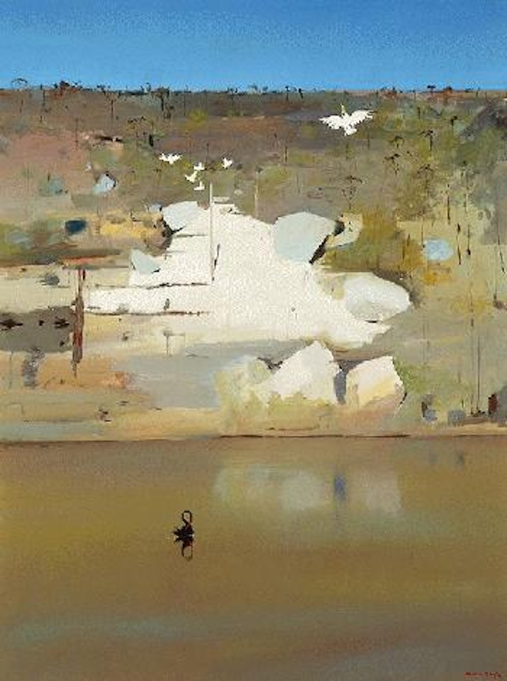 River with black swan and cockatoo by Arthur Merric Bloomfield Boyd