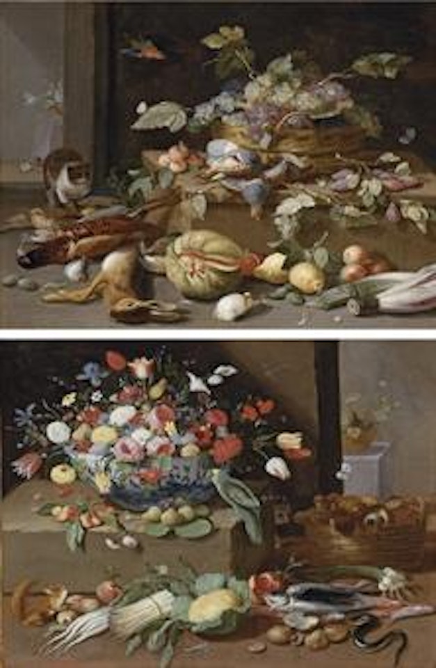 A basket of grapes, on ledge with partridge, lemons, squashes and other fruits and vegetables, and game; and A porcelain bowl of tulips, roses and irises with parrot, figs and grapes on ledge with other fruit, vegetables, fish and basket of mushrooms by Jan Van Kessel The Elder