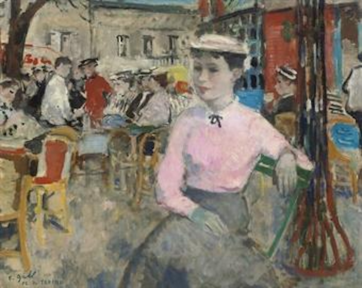 Eugénie aux gants et chapeau de paille blancs, assise Place du Tertre Montmartre by François Gall