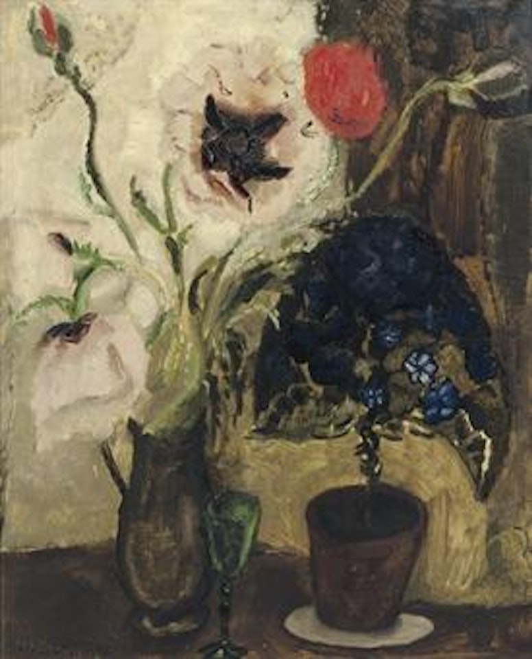A still life with flowers and a green glass by Jan Sluyters