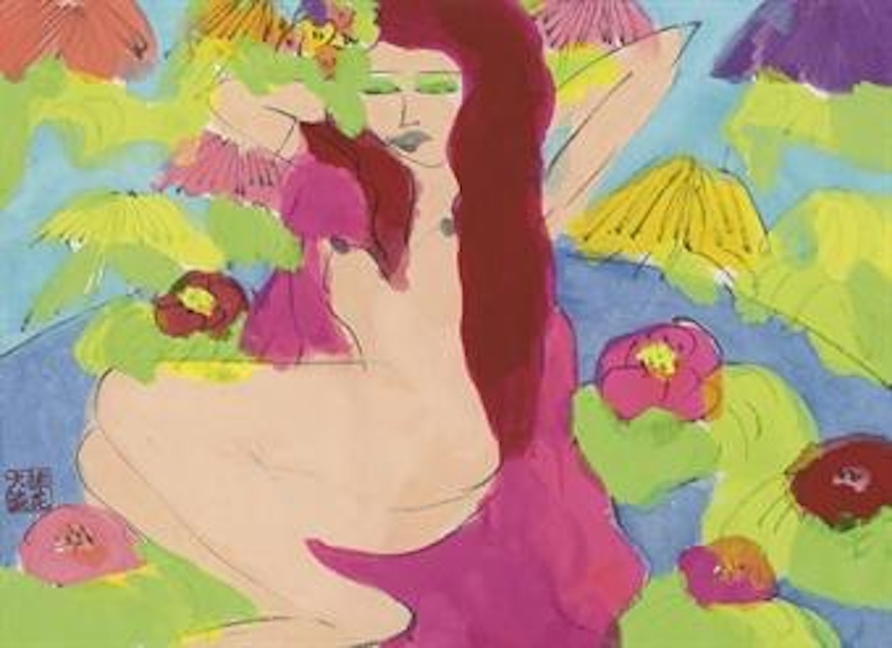 Female nude amongst flowers by Walasse Ting