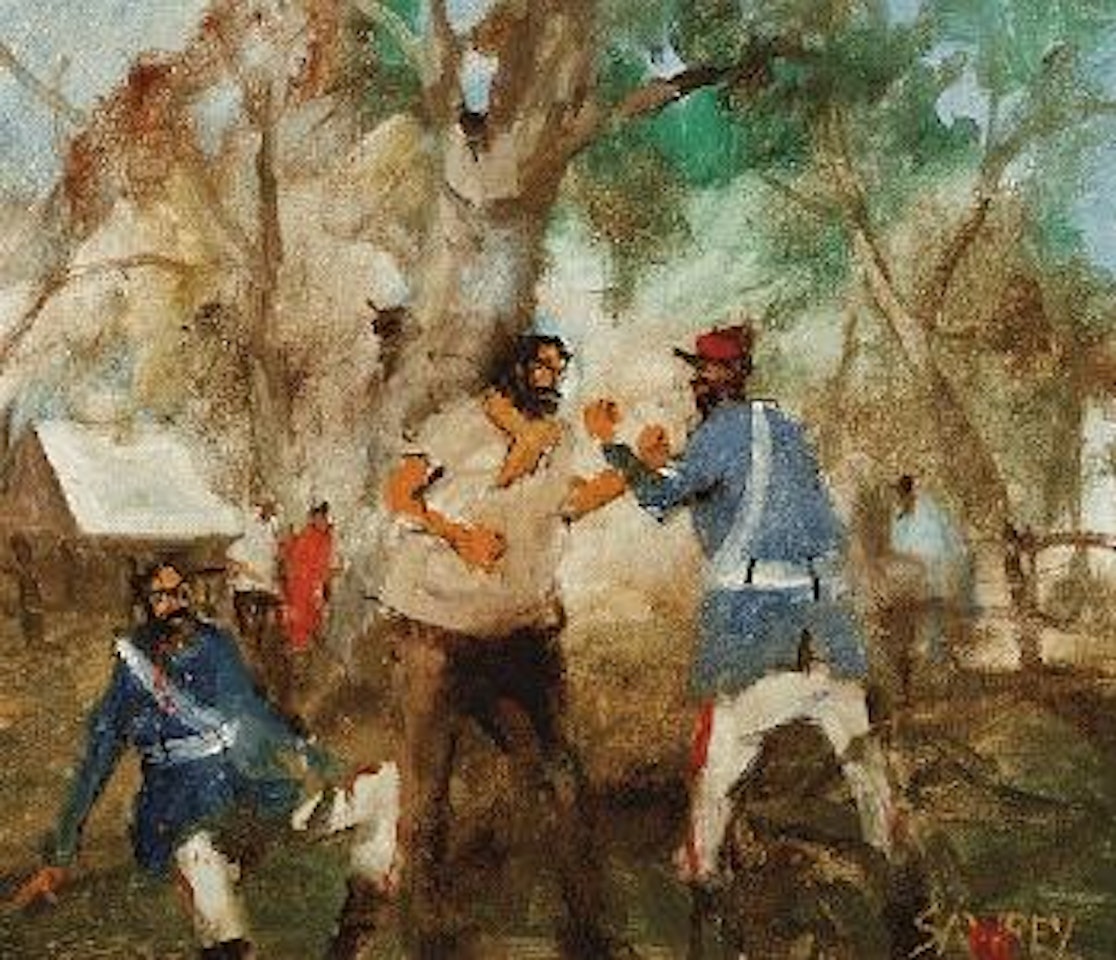 Fight under the gum tree at Greta by Hugh Sawrey