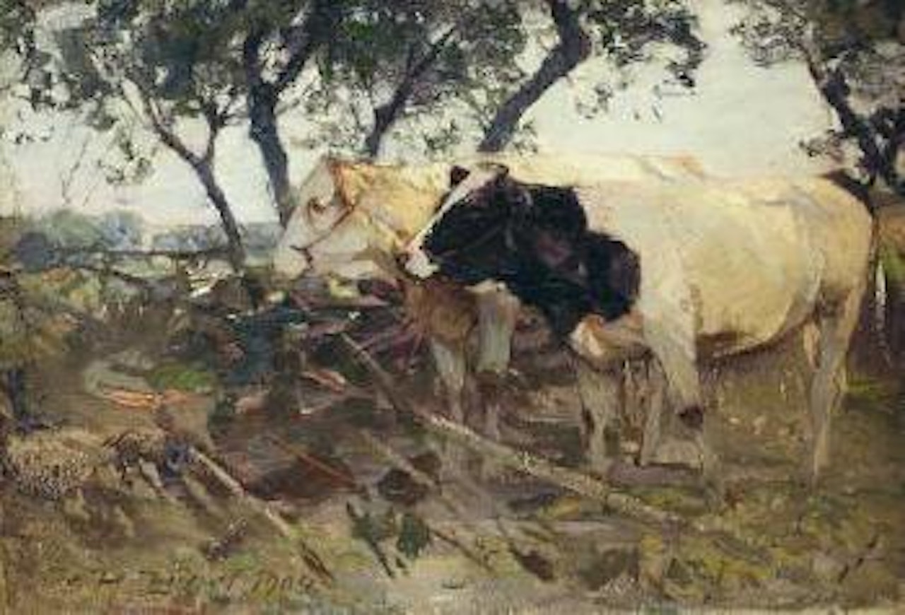 Zwei Kuhe auf der Weide by Heinrich von Zugel
