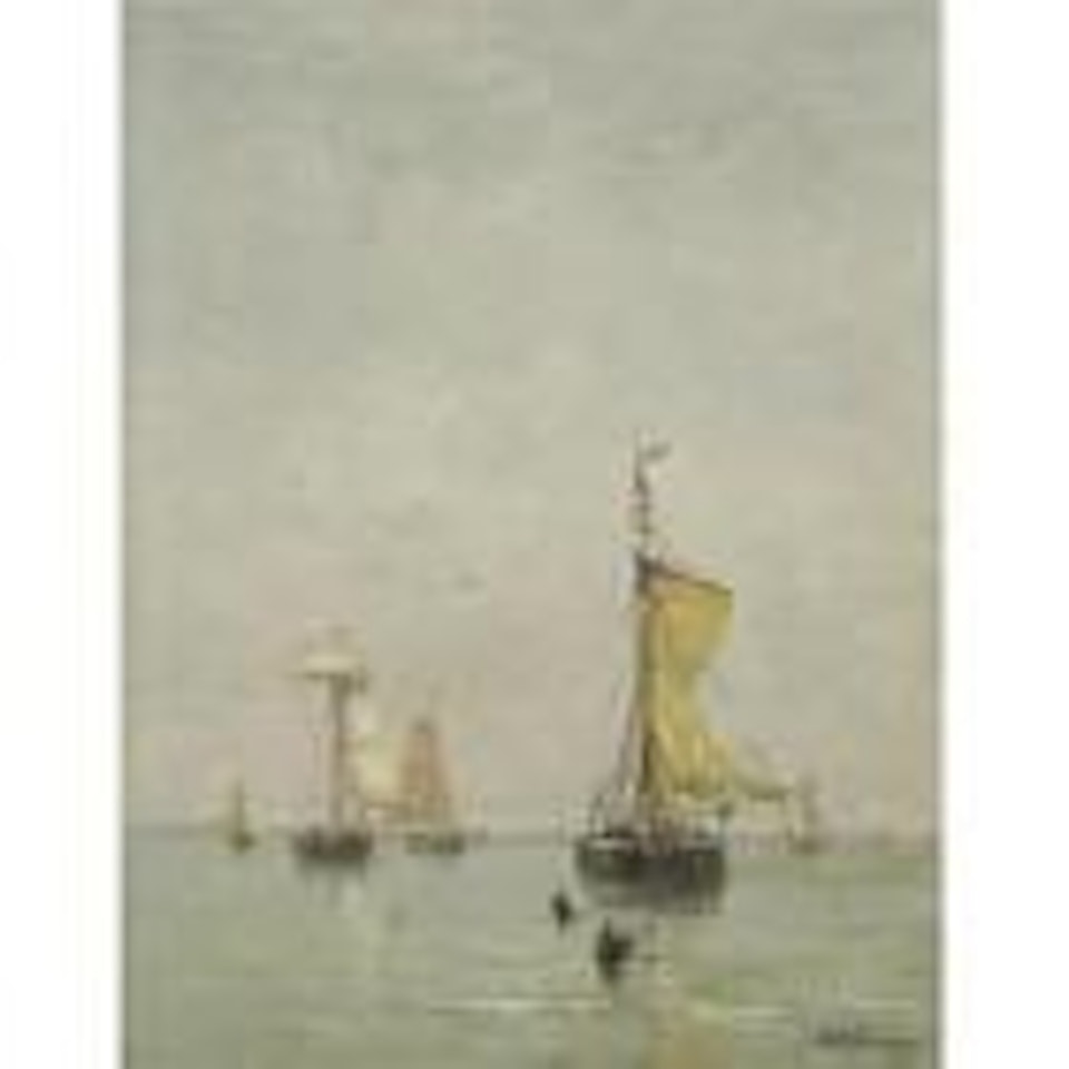 Fishing boats off the coast in calm weather by Hendrik-Willem Mesdag