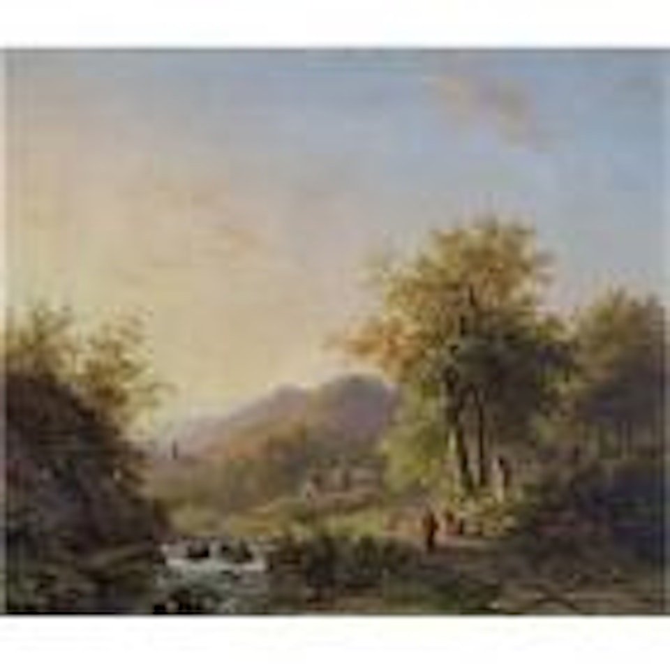 Resting travellers in a river landscape by Barend Cornelis Koekkoek