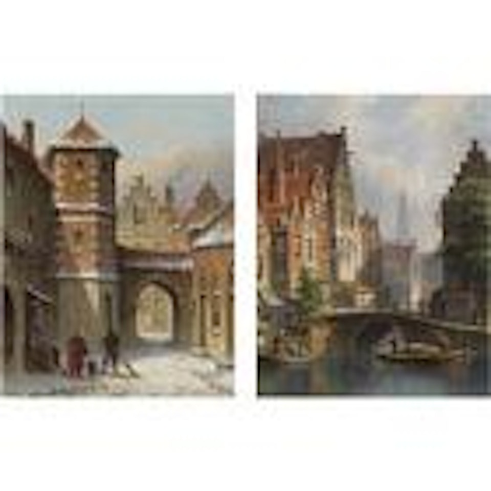 A view on the Langbrugsteeg in Amsterdam on a Summer's Day; Figures in the snow covered streets of a Dutch Town by Eduard Alexander Hilverdink