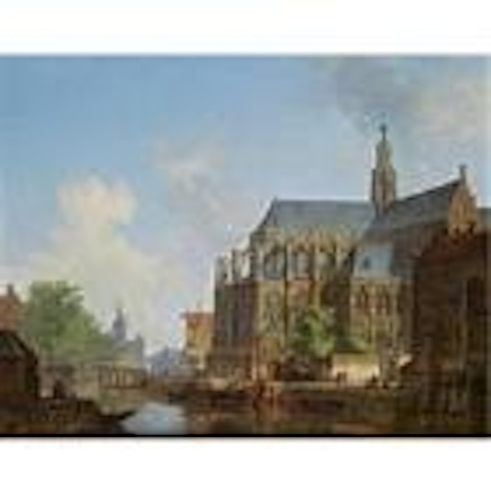 A view of a Dutch town with figures by a church by Cornelis Springer