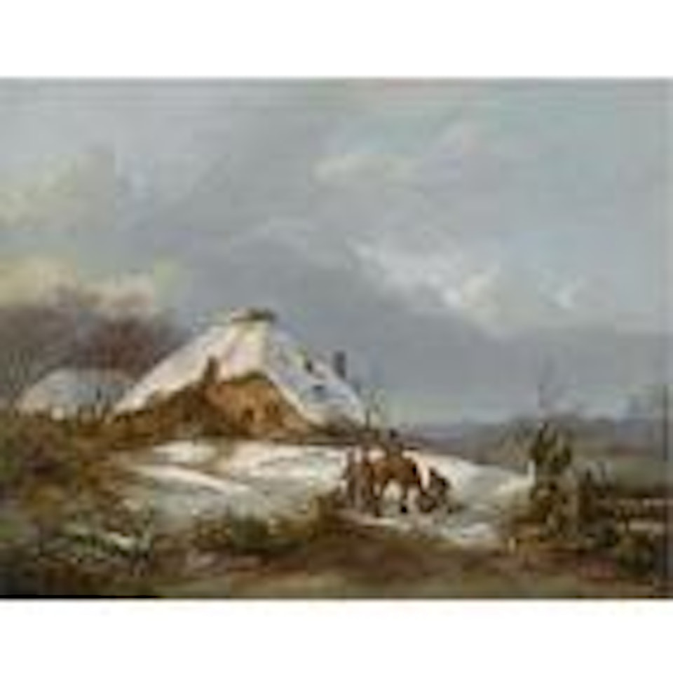 Figures near a farmstead on a wintry day by Barend Cornelis Koekkoek