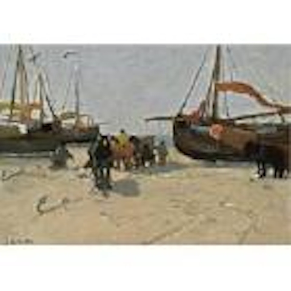 Fisher folk and Bomschuiten on the beach by Gerhard Arij Ludwig Morgenstjerne Munthe