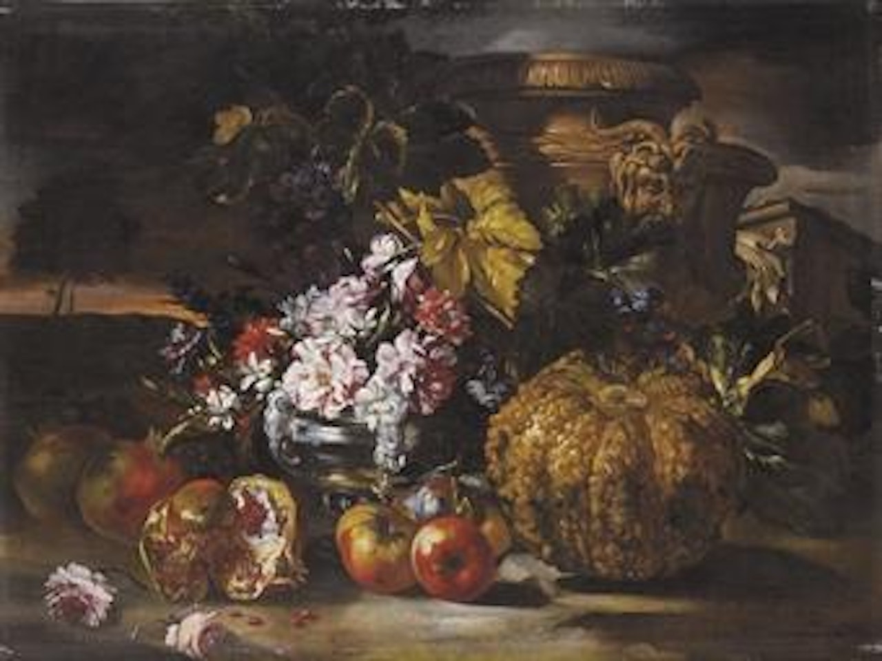 Rose e garofani in un vaso d'argento con uva e melograne su sfondo di paesaggio by Abraham Brueghel