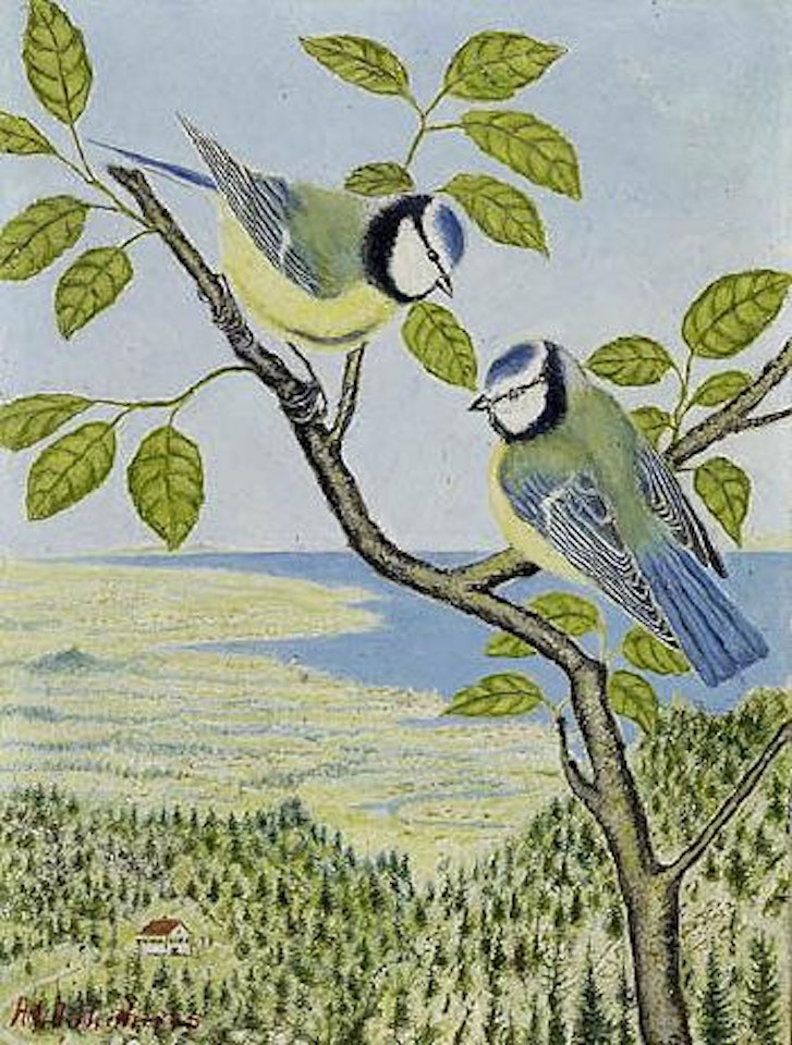 Zwei Blaumeisen vor Seelandschaft by Adolf Dietrich