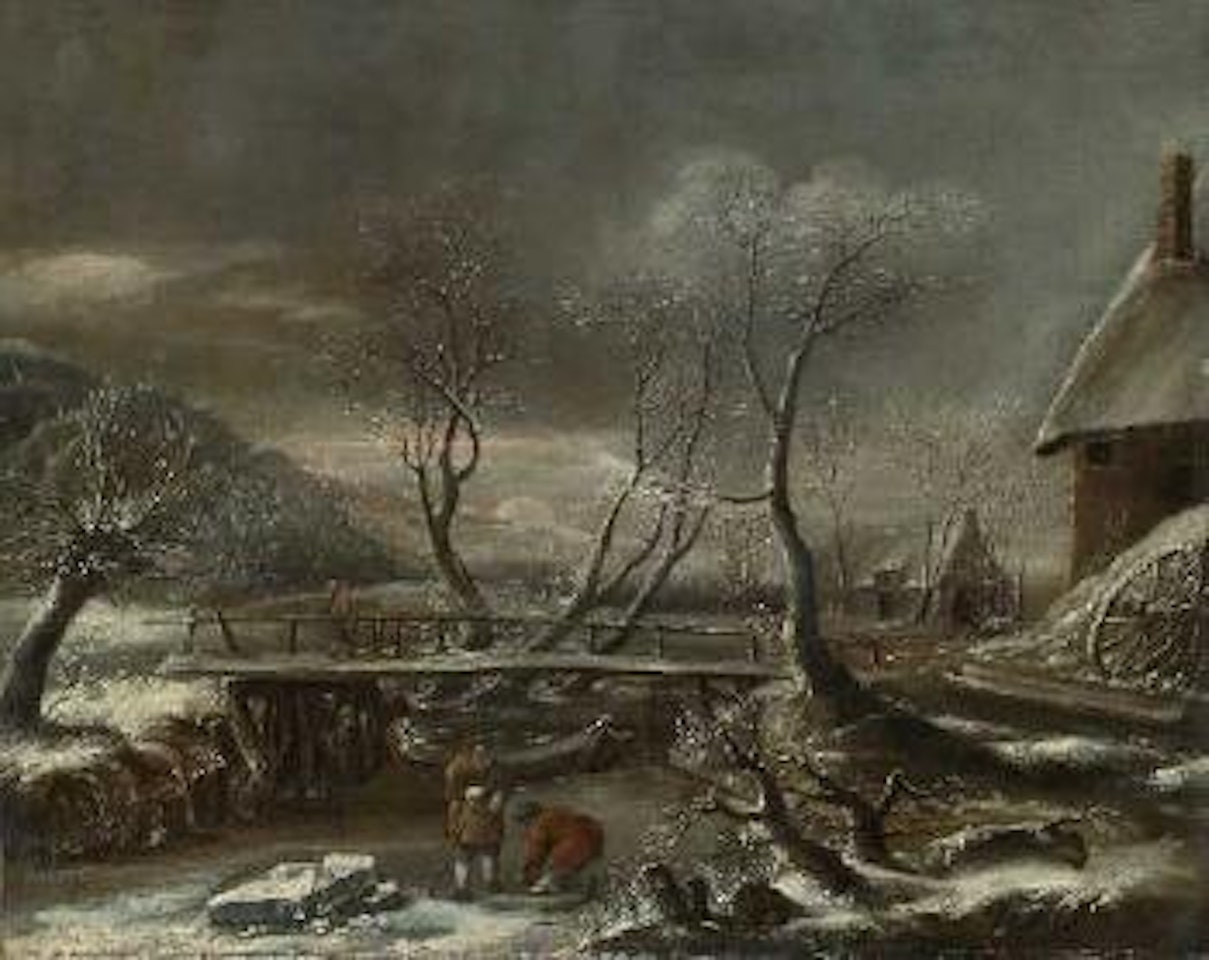 Winterlandschaft mit einer Holzbrucke uber einem Kanal by Jan Van Kessel The Elder