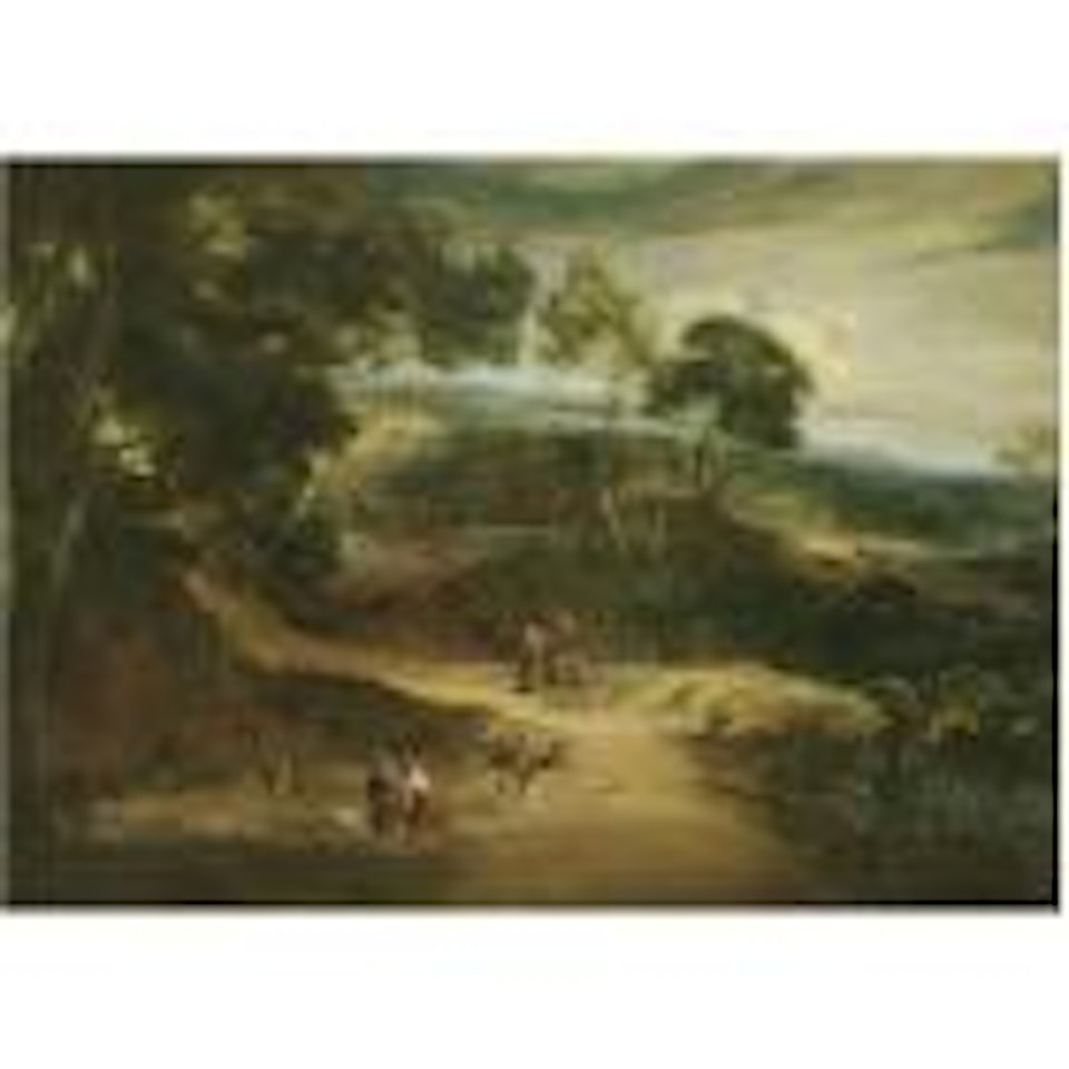A wooded landscape with nymphs and putti collecting water in the foreground, with Venus, Adonis and Cupid behind, a hunt beyond by Flemish School
