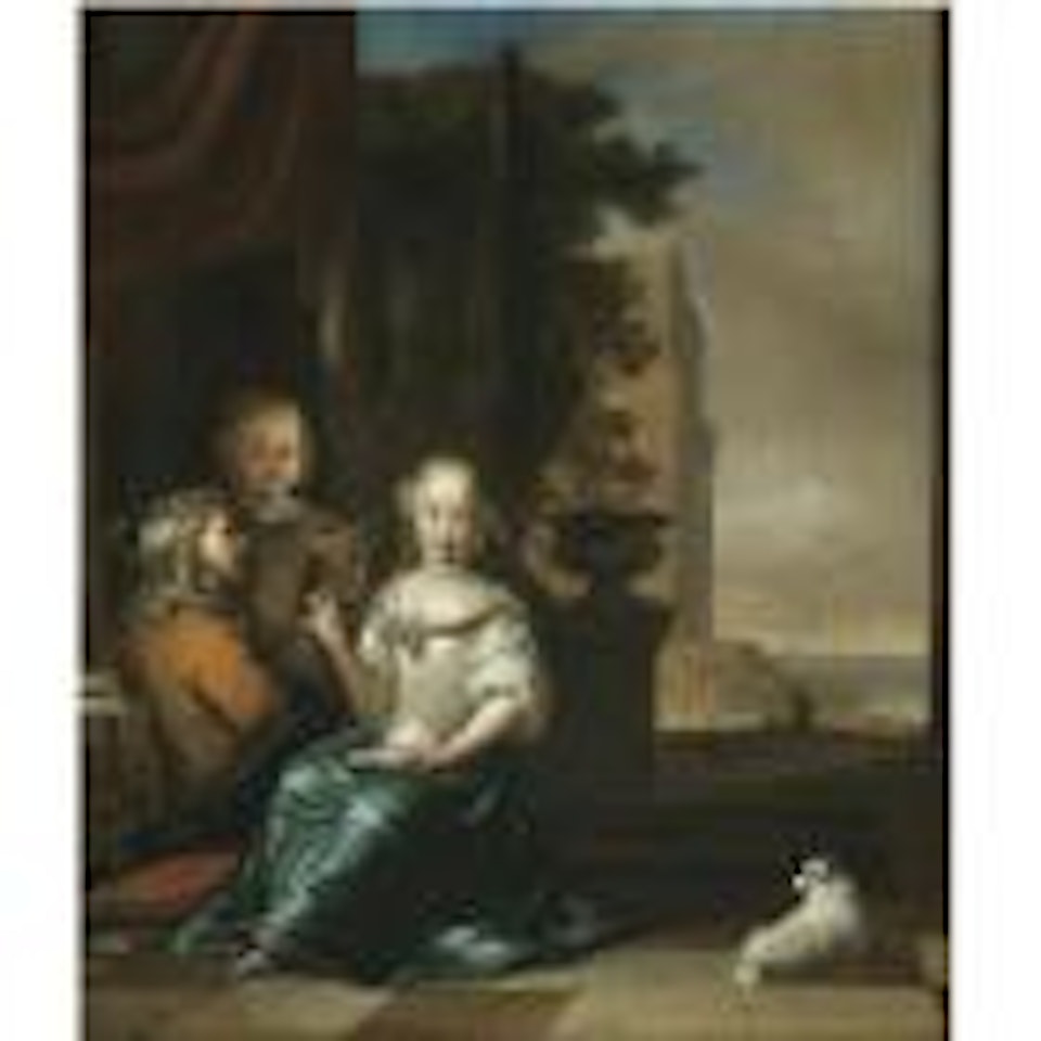 A group of three children on a terrace, with a young boy interrupting a girl reading a letter, a coastal view beyond by Jan Weenix