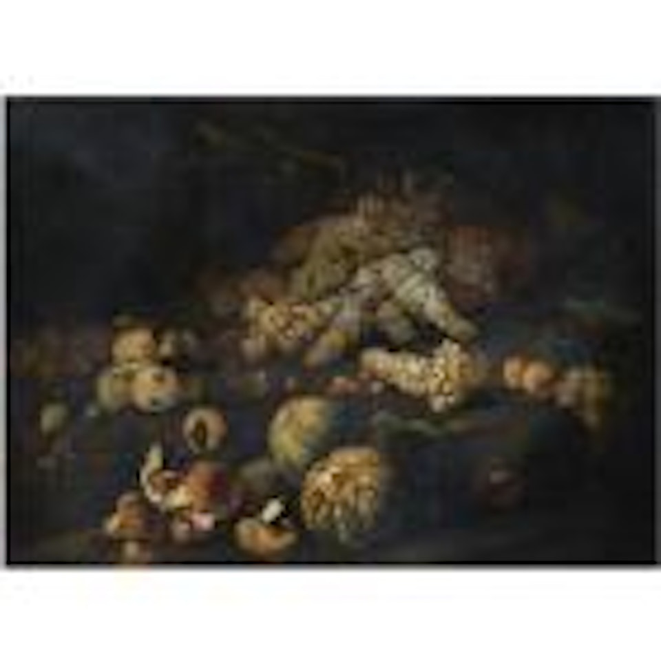 Still life with mushrooms, bunches of grapes, melons and other fruit arranged over rocky ground by Marco Antonio Rizzi