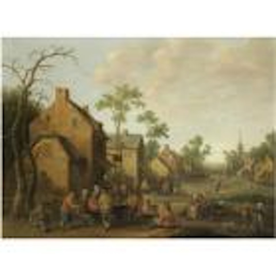 A village scene with figures conversing outside a tavern by Joost Cornelisz Droochsloot