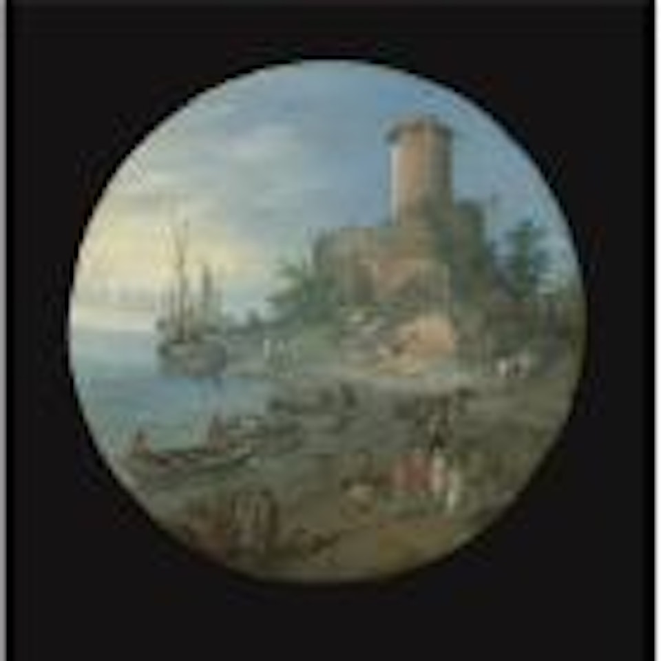 A coastal landscape with a capriccio of the tomb of the Scipii by Jan Brueghel the Younger