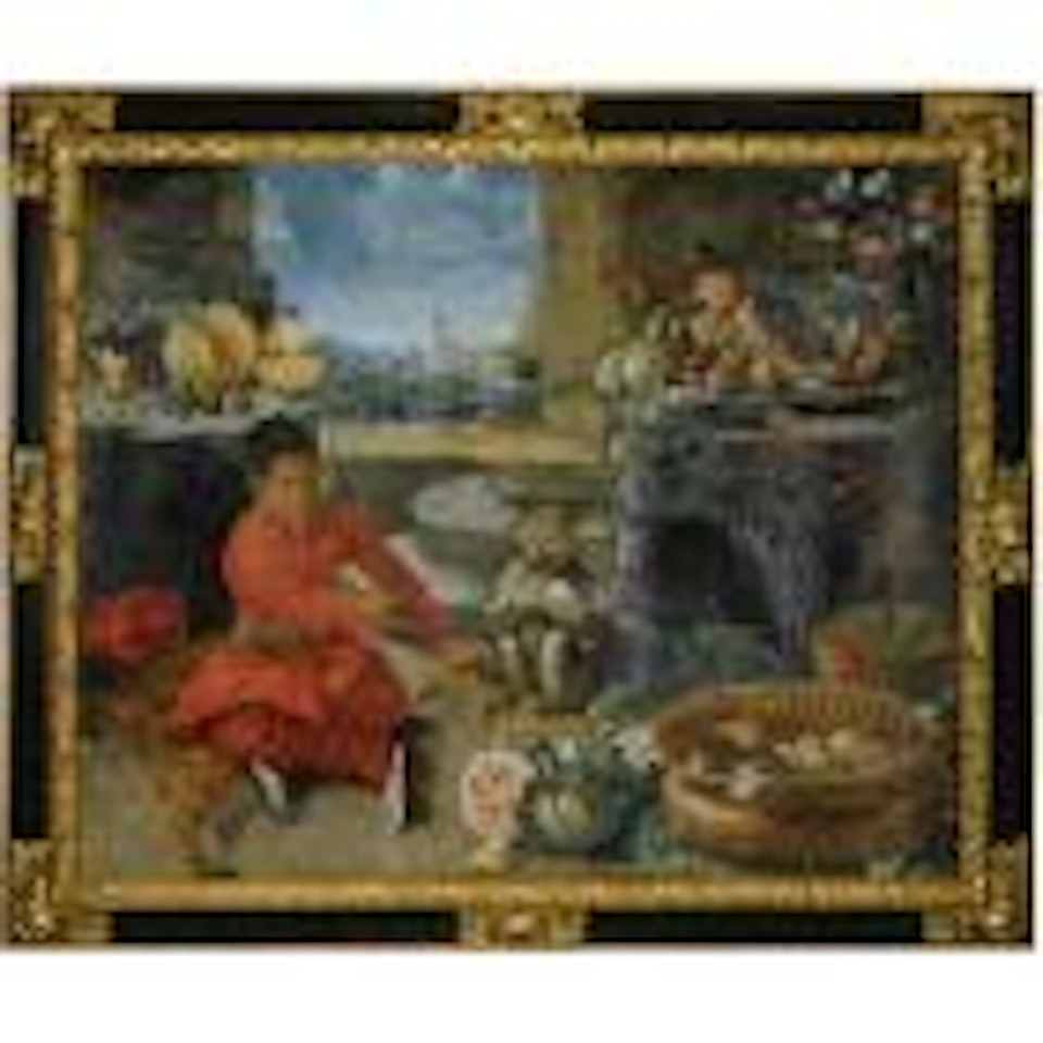 Still life with a Moorish boy seated in an interior with monkeys, piles of fruit, an urn filled with flowers, and a mountainous landcape through the window beyond by Roman School