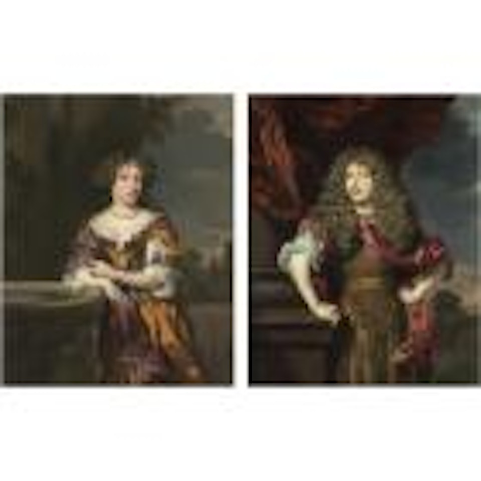 Portrait of Maria Magdalena van Alphen, three quarter length, leaning against a fountain. Portrait of Dirk van Alphen, three quarter length, leaning on a pillar by Nicolaes Maes