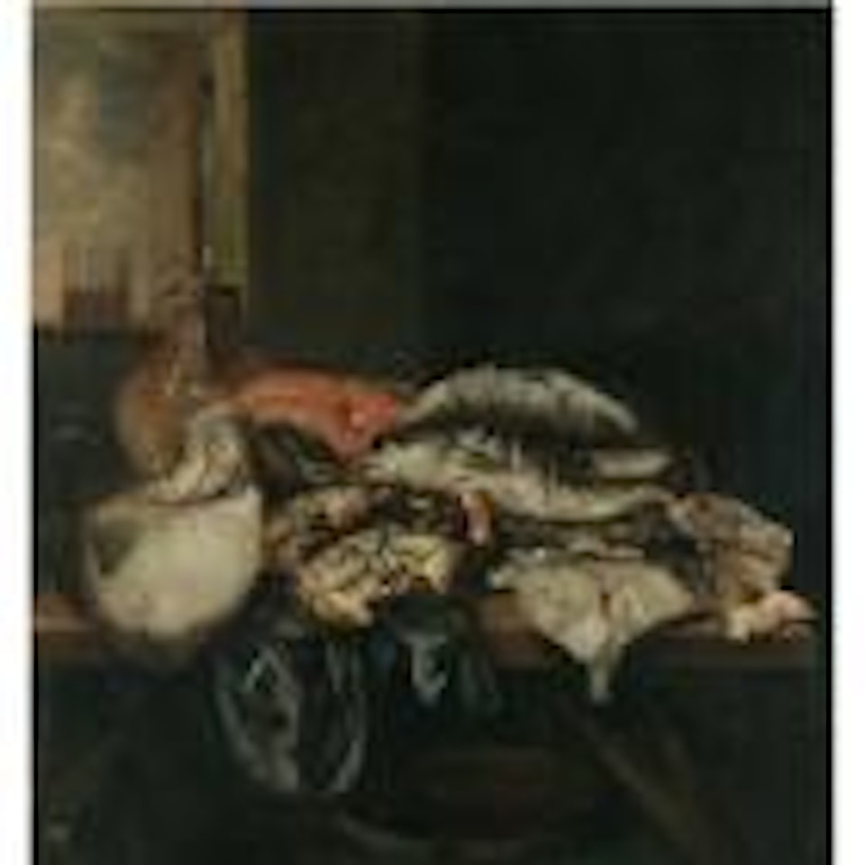 Still life with various fish and crustaceans on a table beneath an open window by Abraham van Beijeren