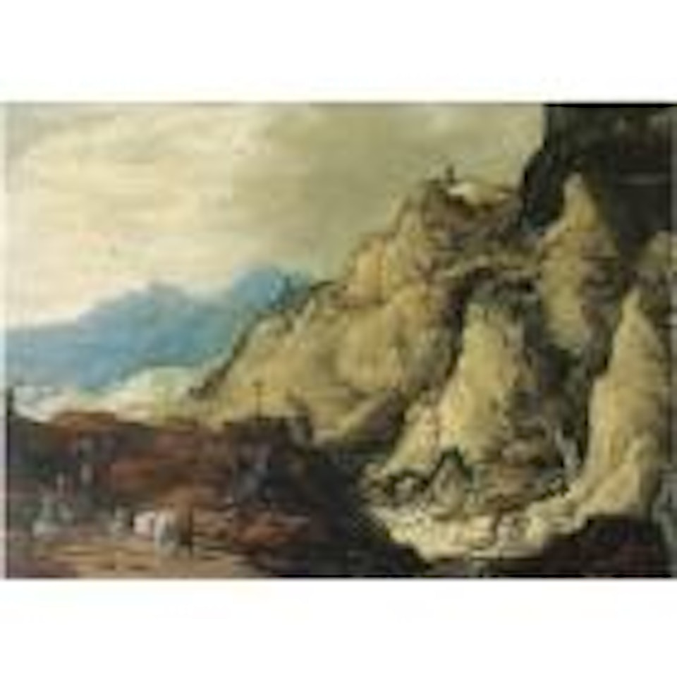 A mountainous landscape with travellers on a path by a rocky waterfall by Jan Brueghel by Joos de Momper the Younger