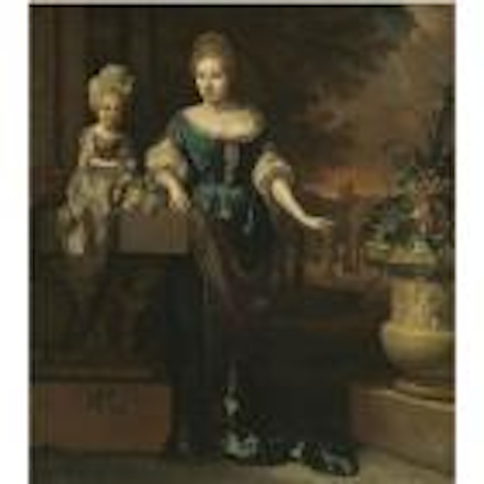 Portrait of a mother and child on a garden terrace, standing beside an urn filled with flowers by Jan Weenix