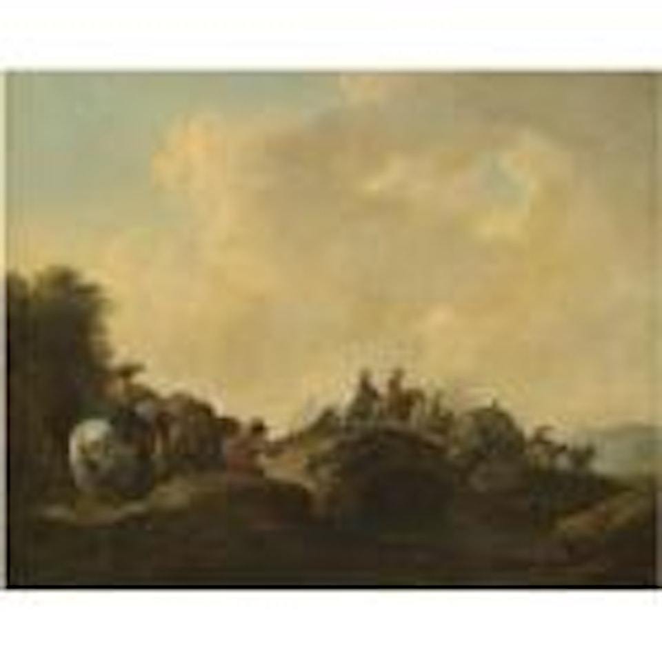A landscape with travellers on a path crossing a bridge by Francesco Giuseppe Casanova