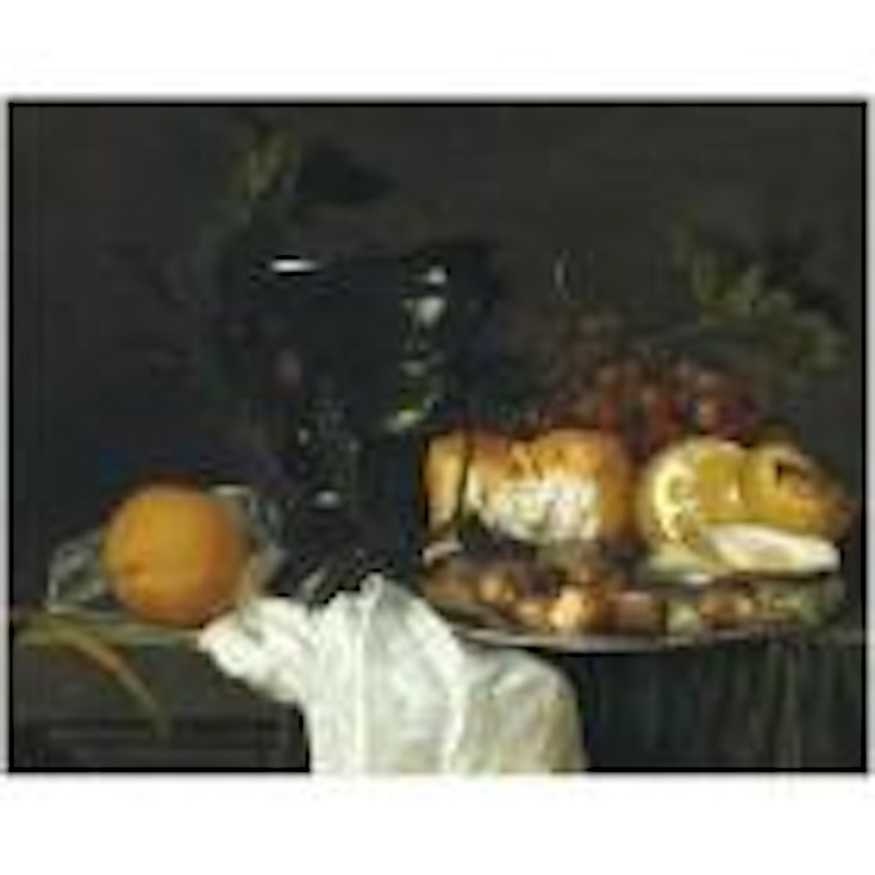 Still life with a roemer, a peeled lemon, bread and chestnuts on a pewter dish, grapes, a taper, an oyster and an orange on a ledge partly draped with a white cloth by Jan Davidsz de Heem