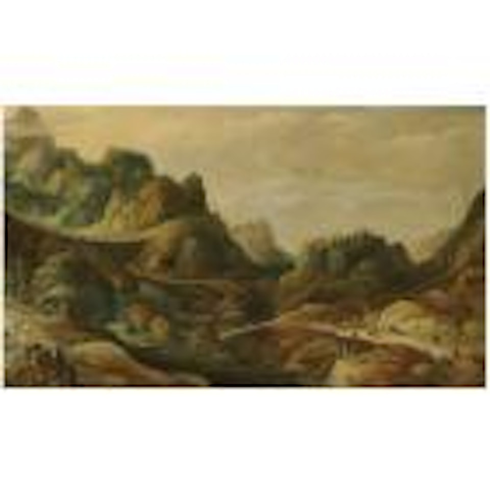 A mountainous landscape, with many figures on a road passing along each bank of a river by Joos de Momper the Younger