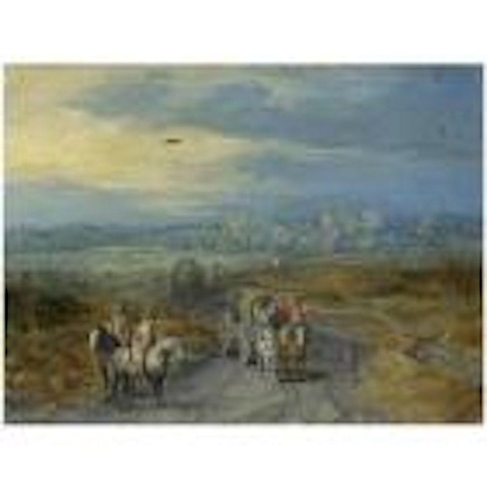 Travellers on a country road with a village beyond by Jan Brueghel the Younger