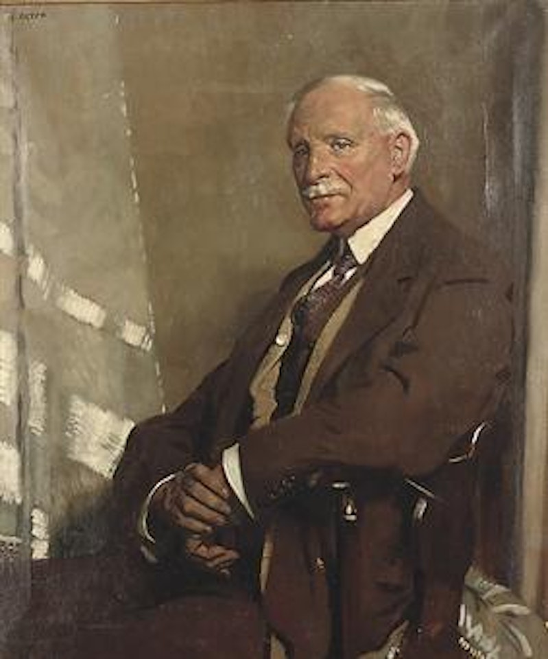 Portrait of Thomas Glass, seated half-length, in a brown three-piece suit by William Orpen