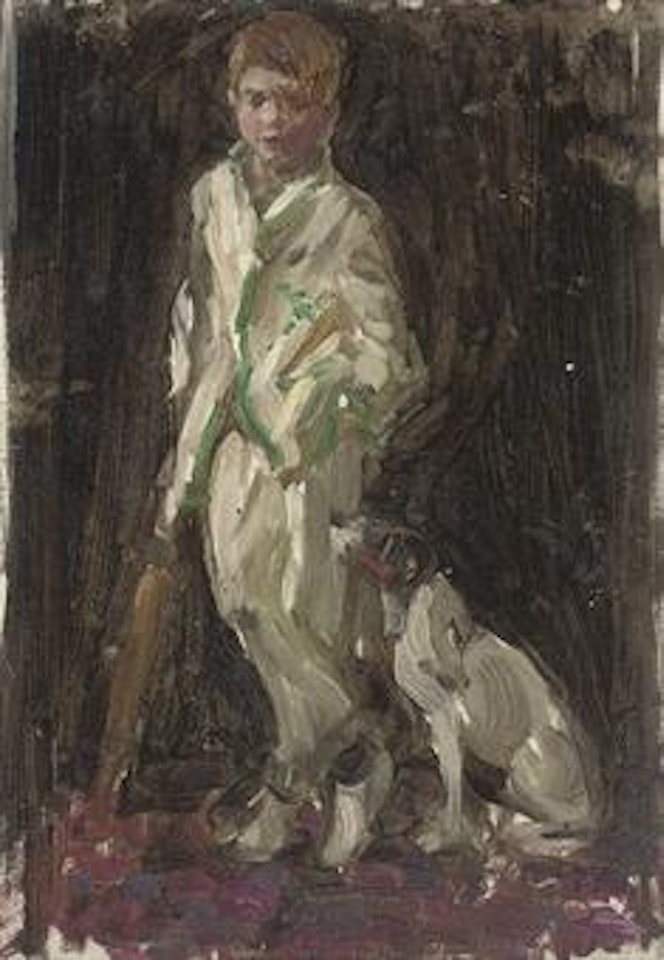 Study of young boy, traditionally identified as the artist's son, in cricket whites, a bat in his right hand, and a dog by his side by Norman Garstin