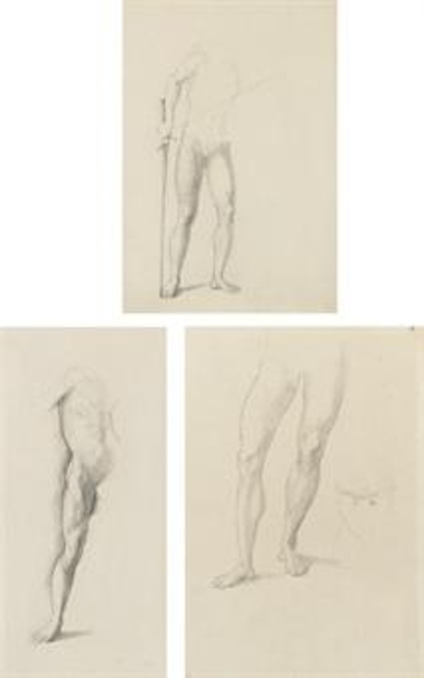 Study for 'The Knight entering the Briar Wood' from the Briar Rose cycle; and two studies of male nudes by Edward Coley Burne-Jones