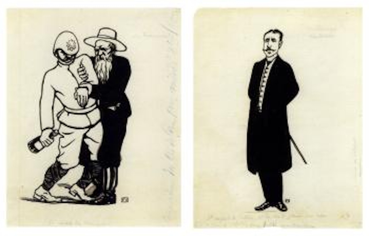 Le depart du Vainqueur (I) Couverture du Cri de Paris, 22 juin 1902.  Il defend la patire et la vend pour un sou (II) Couverture du Cri de Paris, 27 avril 1902 by Félix Vallotton