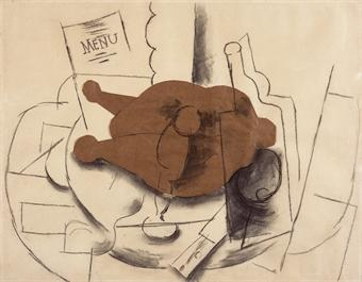 Poulet, verre, couteau, bouteille by Pablo Picasso