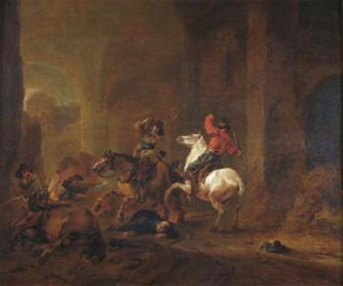 Bandits ambushing travellers on a path within a ruin by Philips Wouwerman