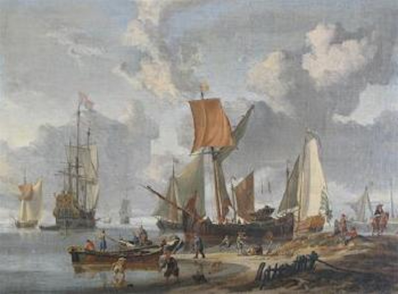 The Dutch Royal Yacht with elegant company on board docking at a jetty in a swell, with figures on shore and fishing boats. A Yacht and other vessels moored on shore with figures loading supplies and preparing nets, Dutch warships at anchor beyond by Abraham Storck