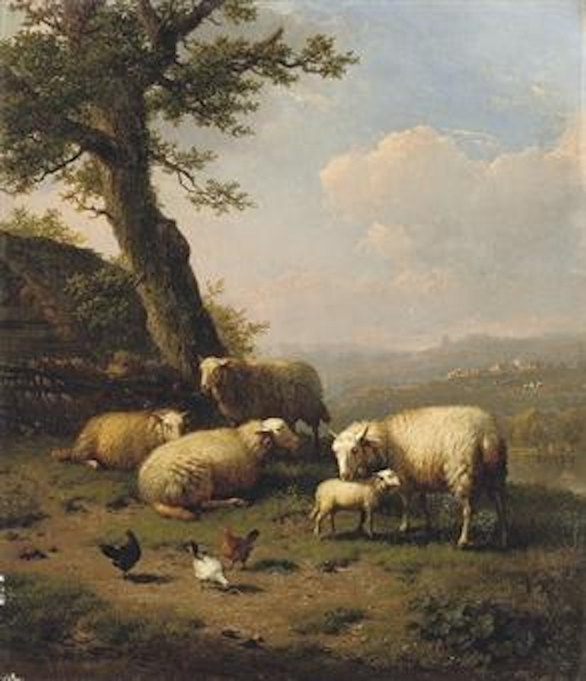 Sheep and chickens in a riverside pasture by Eugène Joseph Verboeckhoven