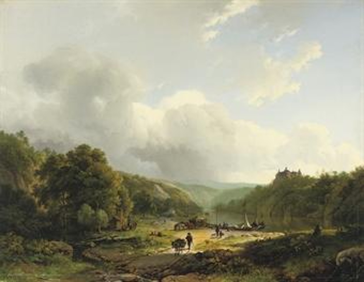 Unloading the barge in an undulating landscape by Barend Cornelis Koekkoek