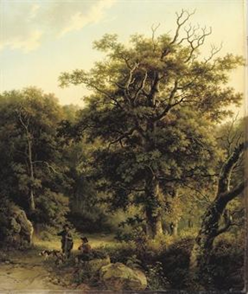 A sportsman and woodgatherers in the forest by Barend Cornelis Koekkoek